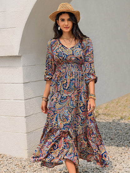 Printed Tie Neck Long Sleeve Midi Dress