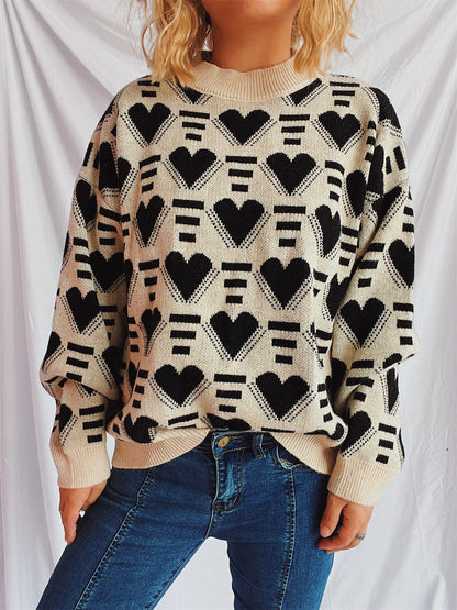 Heart Contrast Long Sleeve Dropped Shoulder Sweater