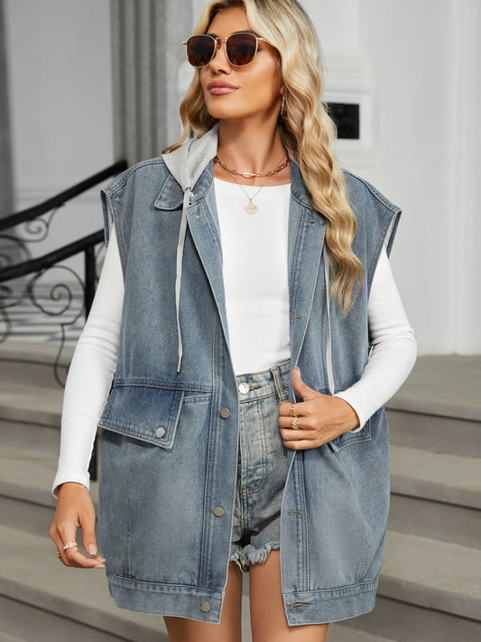 Removable Hood Button Up Cap Sleeve Denim Jacket