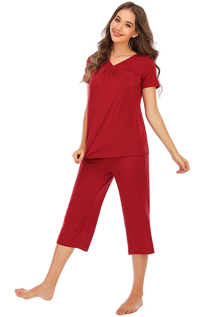 V-Neck Short Sleeve Top and Pants Lounge Set