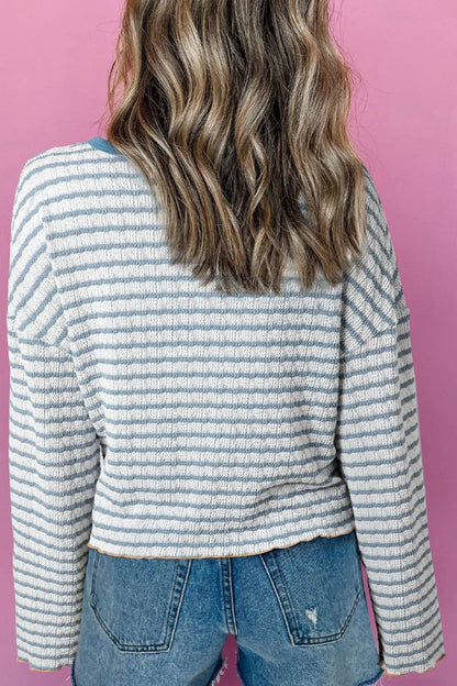 Striped Round Neck Dropped Shoulder Long Sleeve Top