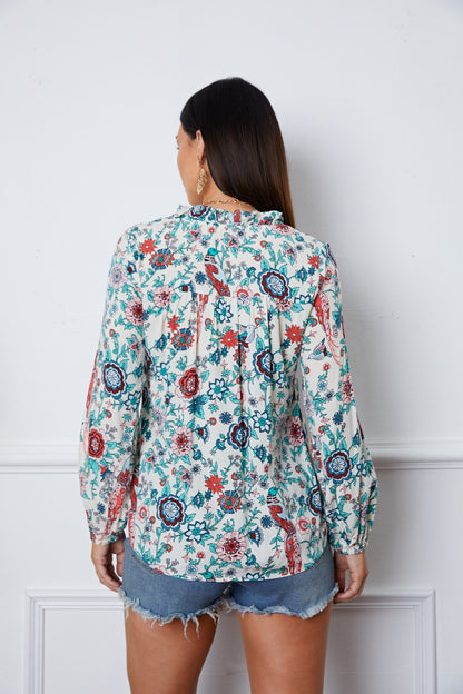 Floral Notched Long Sleeve Blouse