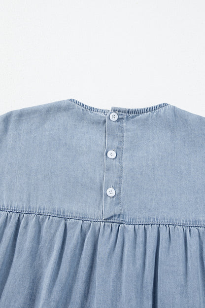 Ruffled Round Neck Cap Sleeve Denim Dress