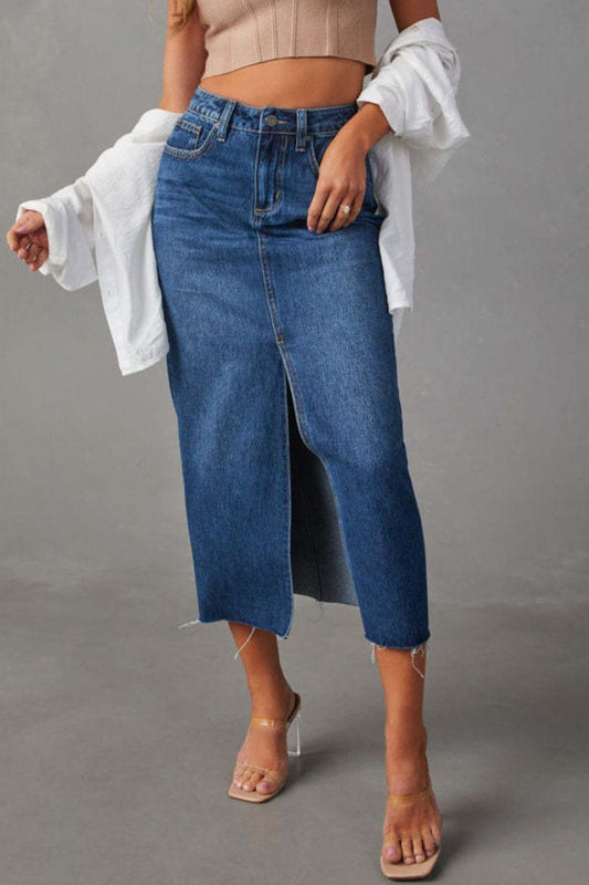 Slit Raw Hem Midi Denim Skirt