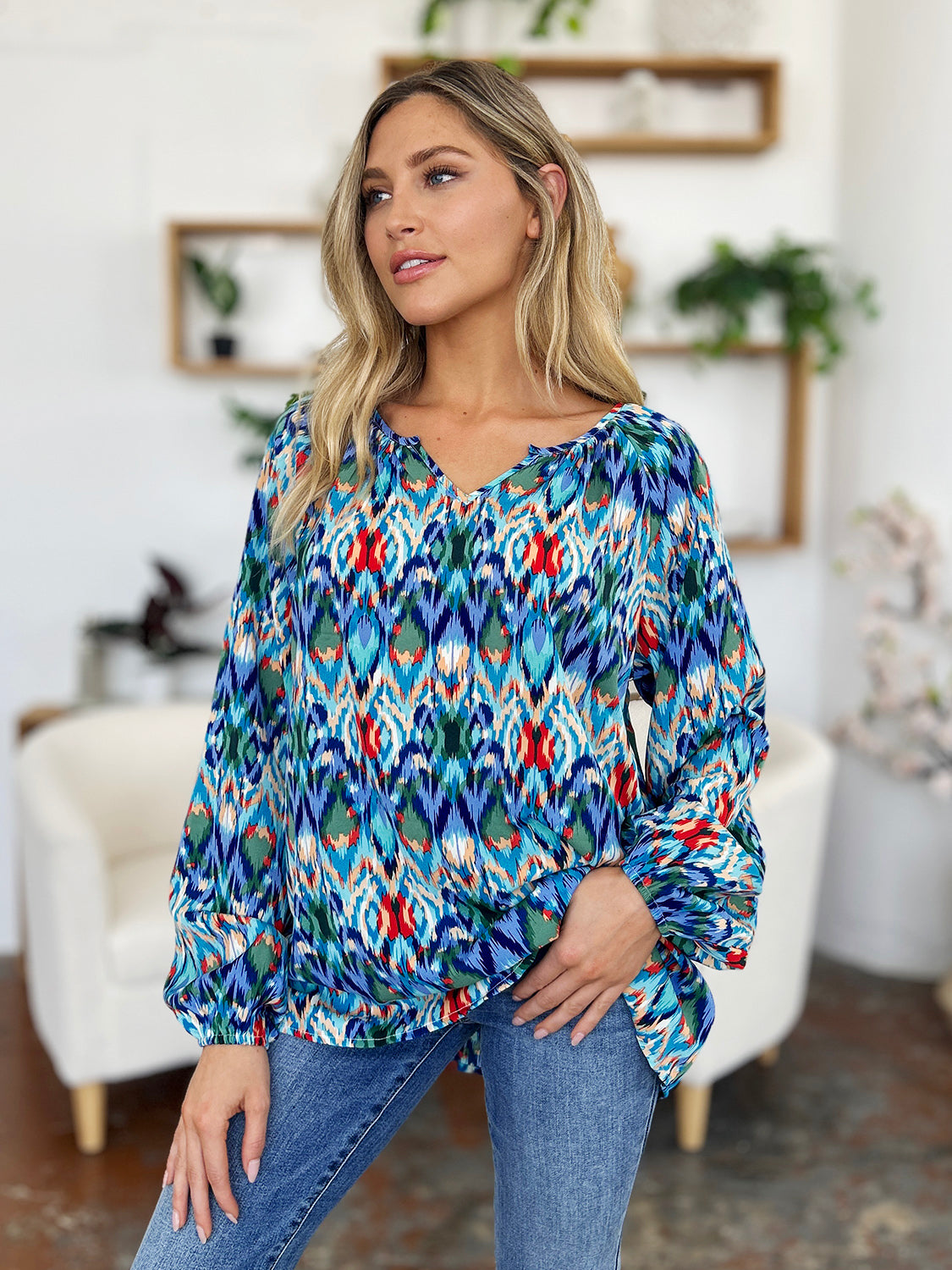 Double Take Full Size Printed Balloon Sleeve Blouse