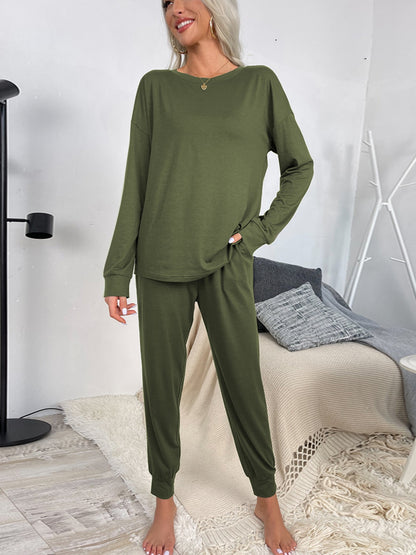 Shiny Round Neck Top and Drawstring Pants Lounge Set