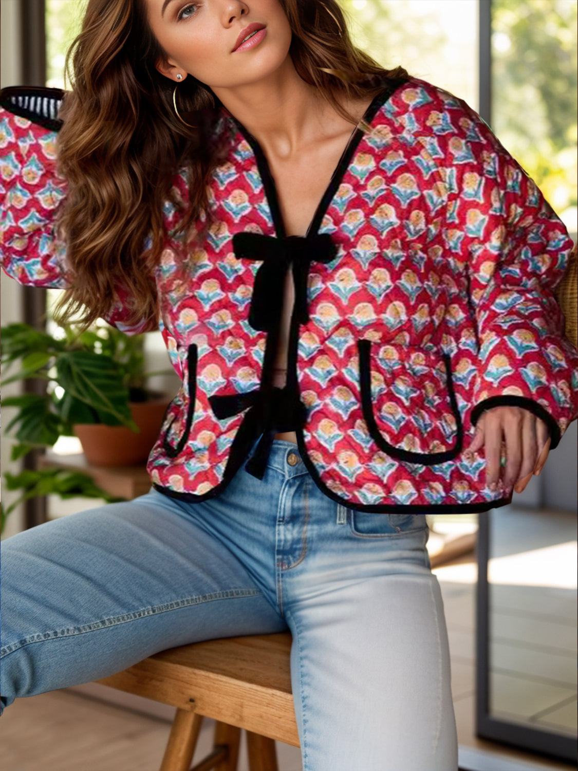 Tied Printed Long Sleeve Jacket