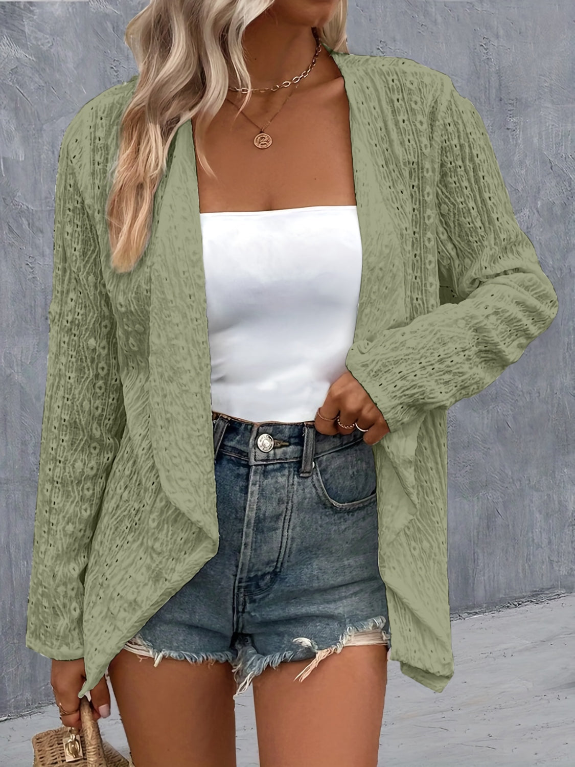 Eyelet Roll-Tab Sleeve Cardigan