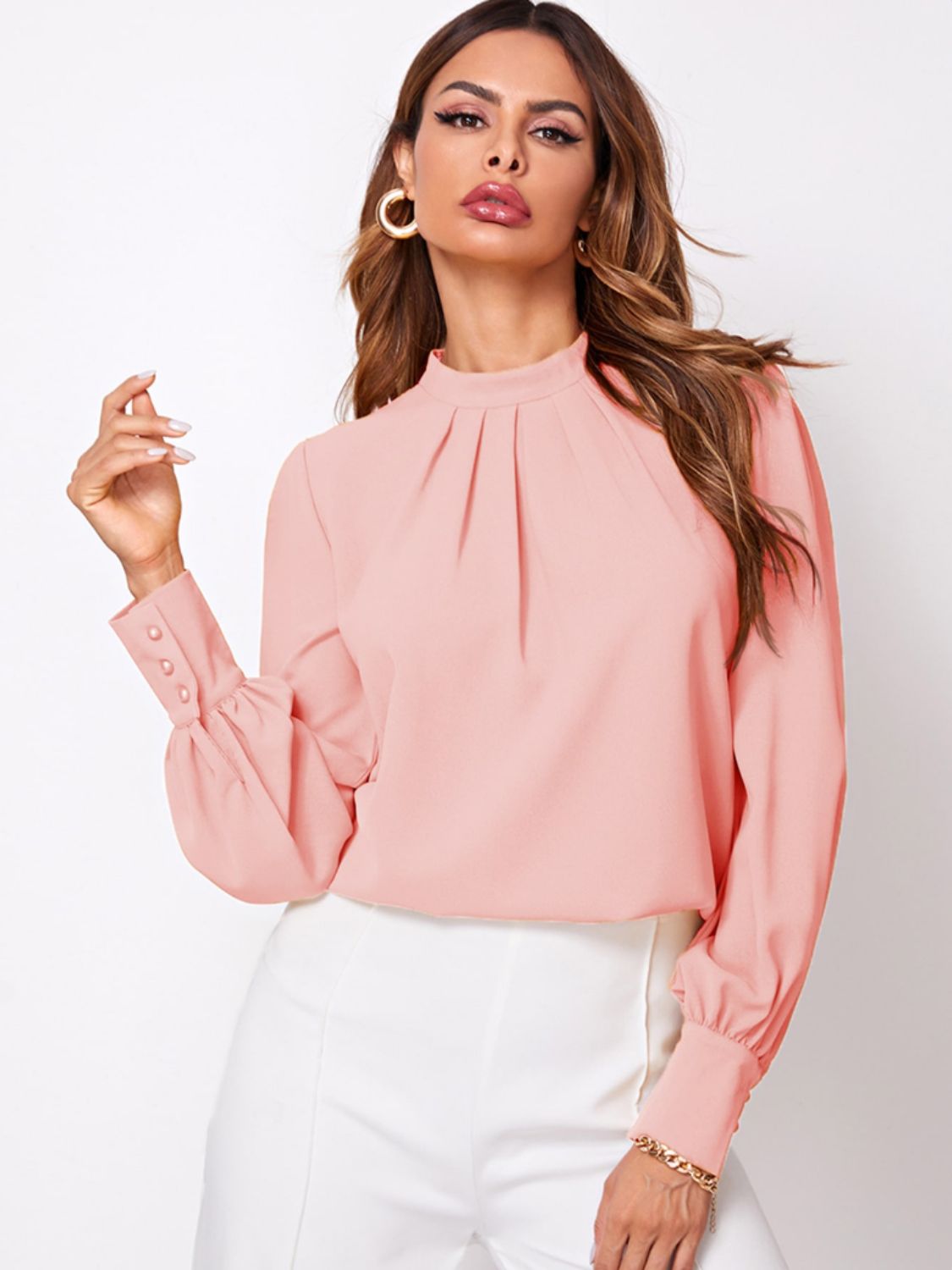 Ruched Mock Neck Long Sleeve Blouse