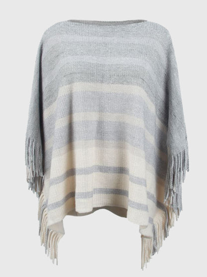 Striped Boat Neck Poncho with Fringes