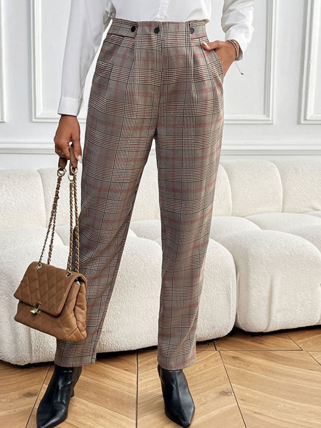 Perfee Plaid Straight Pants with Pockets