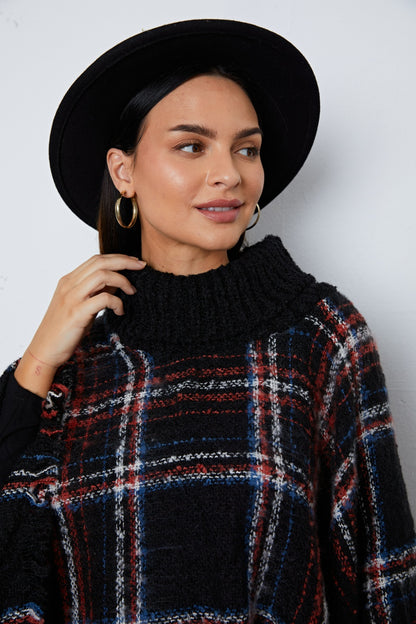 Shiny Turtleneck Plaid Raw Hem Sweater