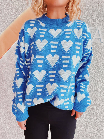 Heart Contrast Long Sleeve Dropped Shoulder Sweater