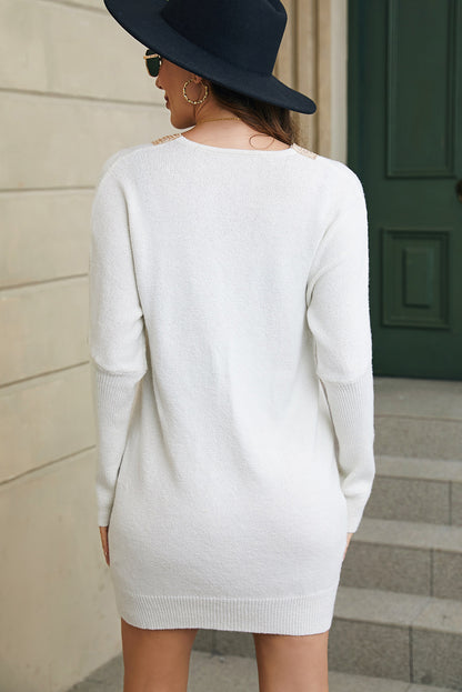 V-Neck Long Sleeve Mini Sweater Dress