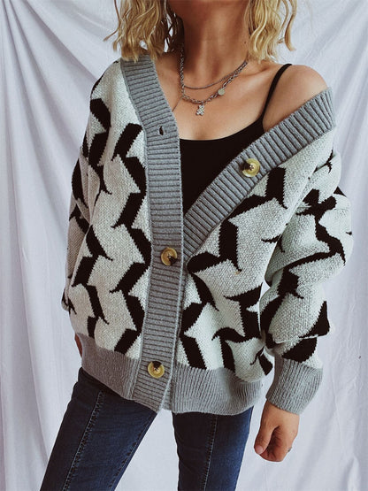 Contrast Trim Geometric V-Neck Long Sleeve Cardigan