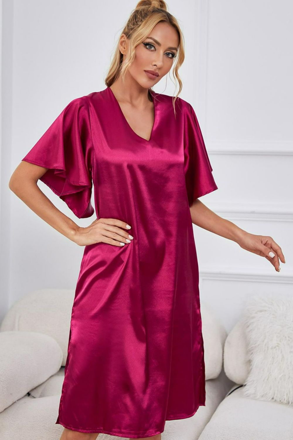 Satin Flutter Sleeve Side Slit V-Neck Night Dress