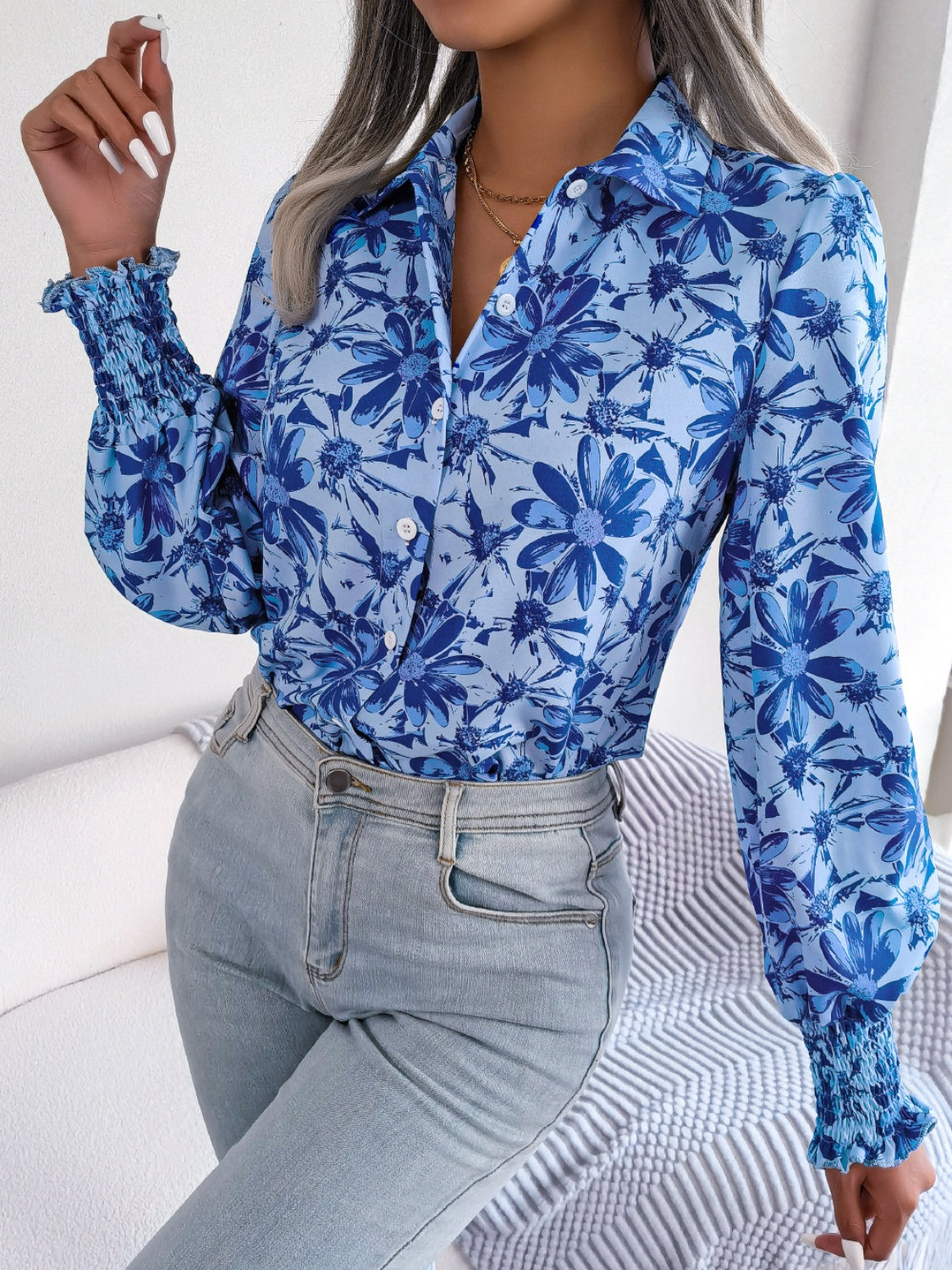 Floral Collared Neck Long Sleeve Shirt