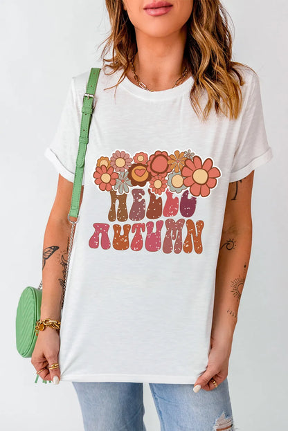 Flower & Letter Graphic Round Neck Short Sleeve T-Shirt