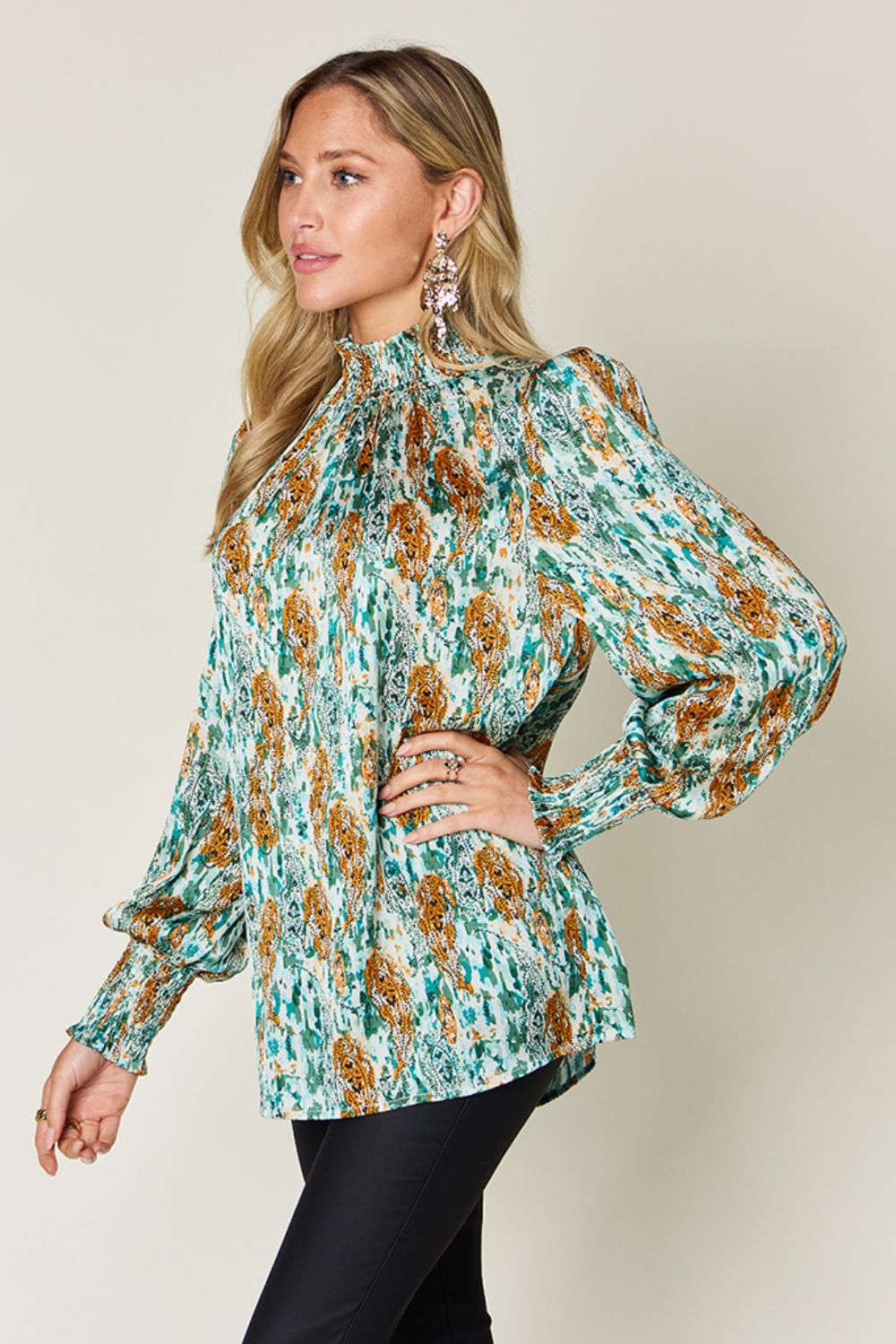 Double Take Full Size Printed Smocked Long Sleeve Blouse