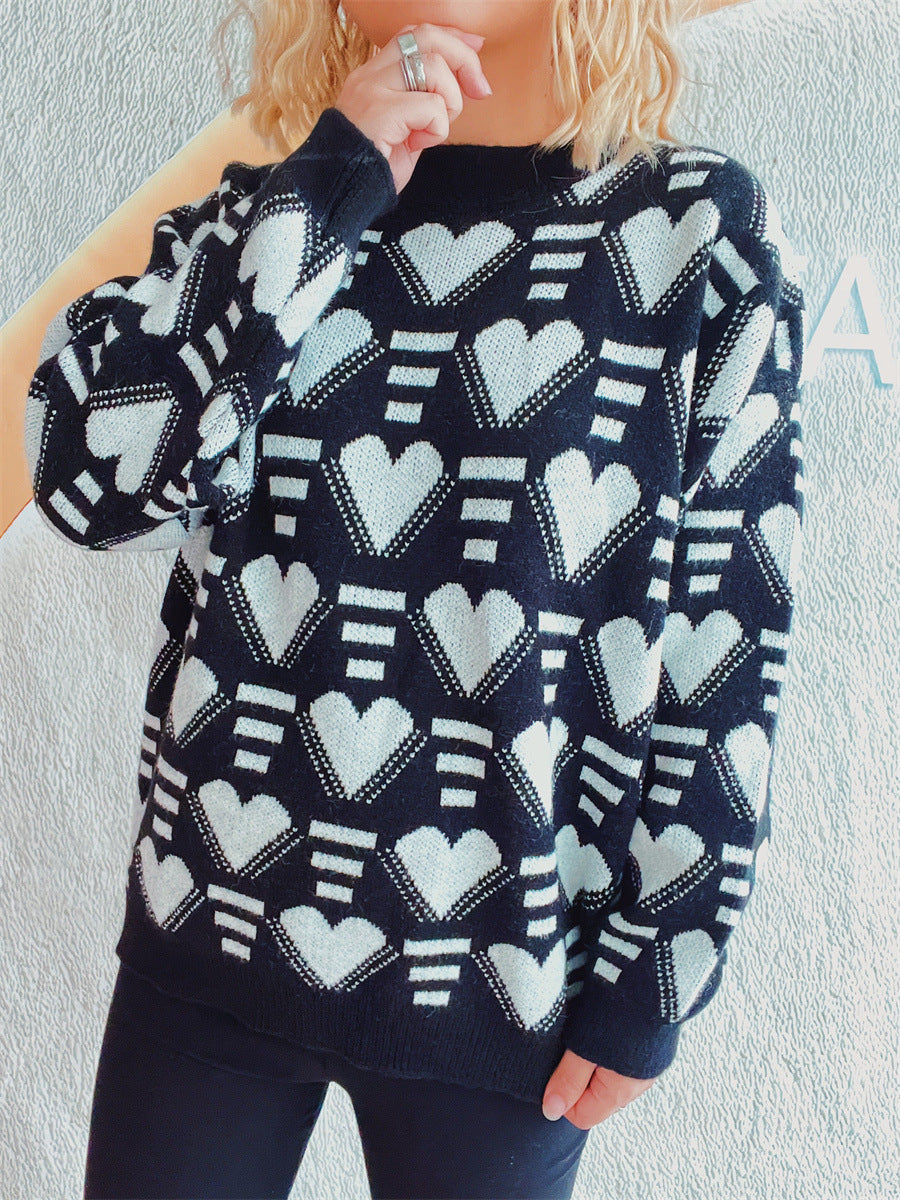 Heart Contrast Long Sleeve Dropped Shoulder Sweater