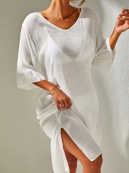 Slit V-Neck Flounce Sleeve Cover-Up