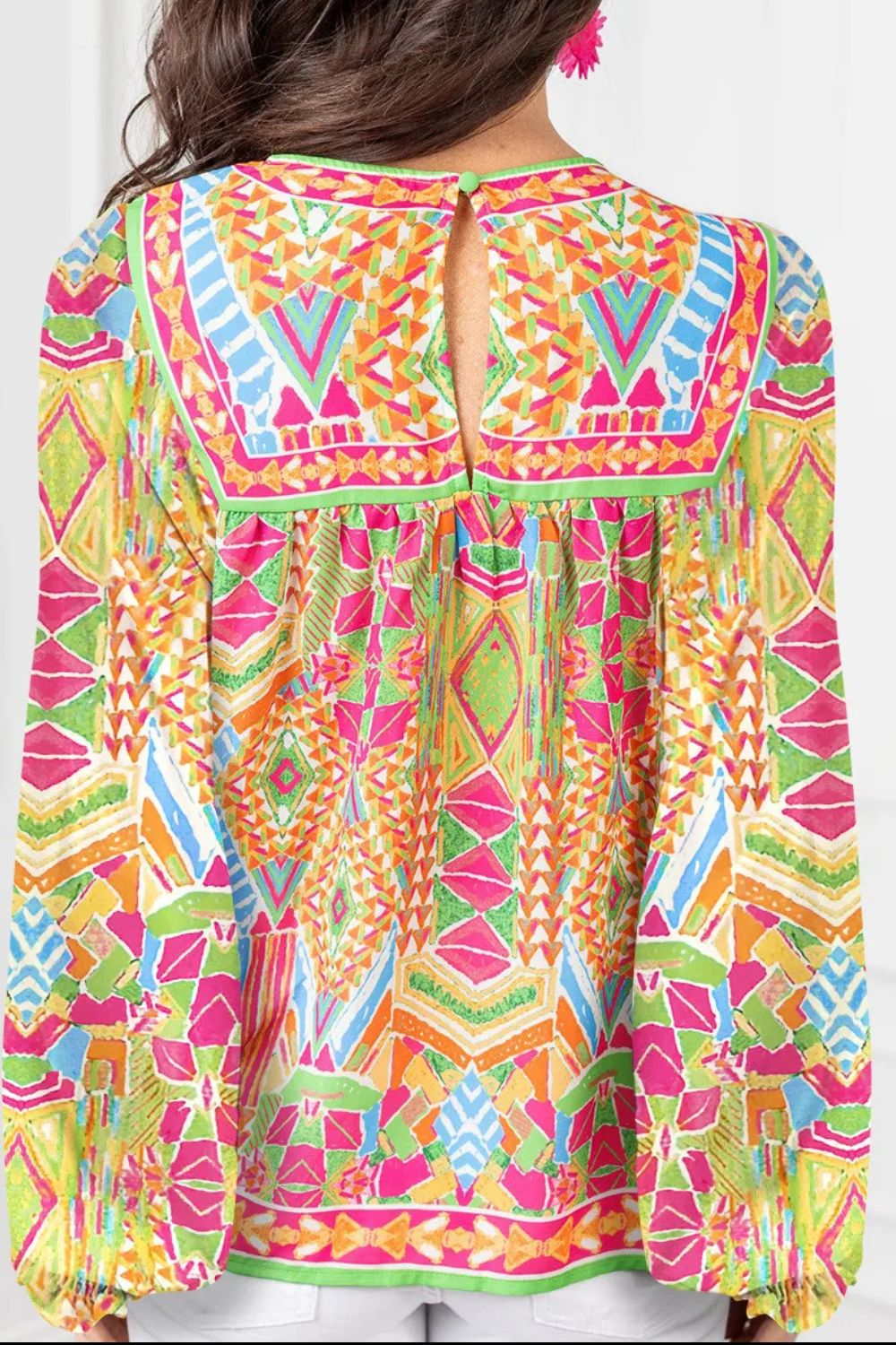 Geometric Printed Round Neck Long Sleeve Blouse