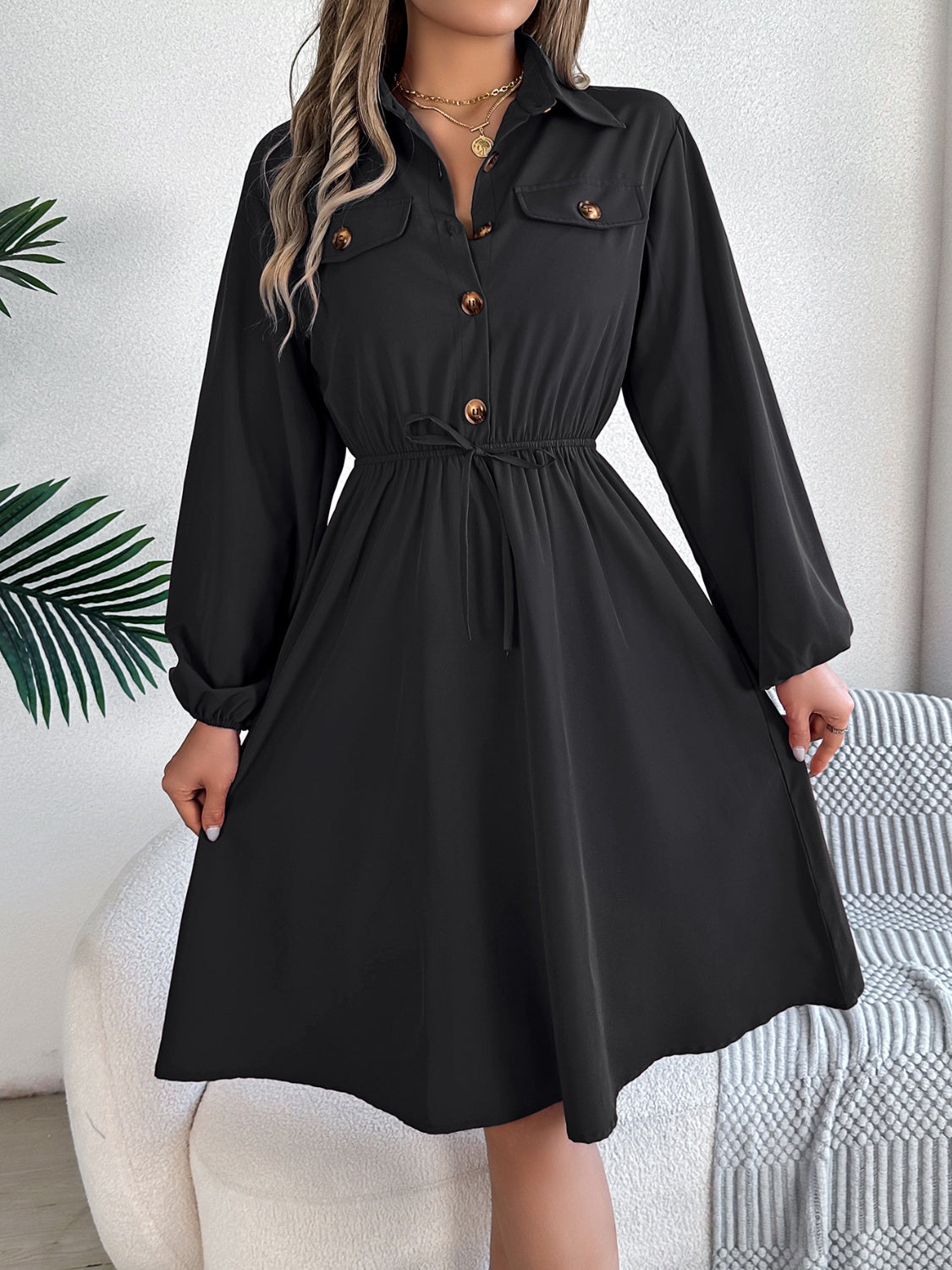 Collared Neck Long Sleeve Dress with Pockets