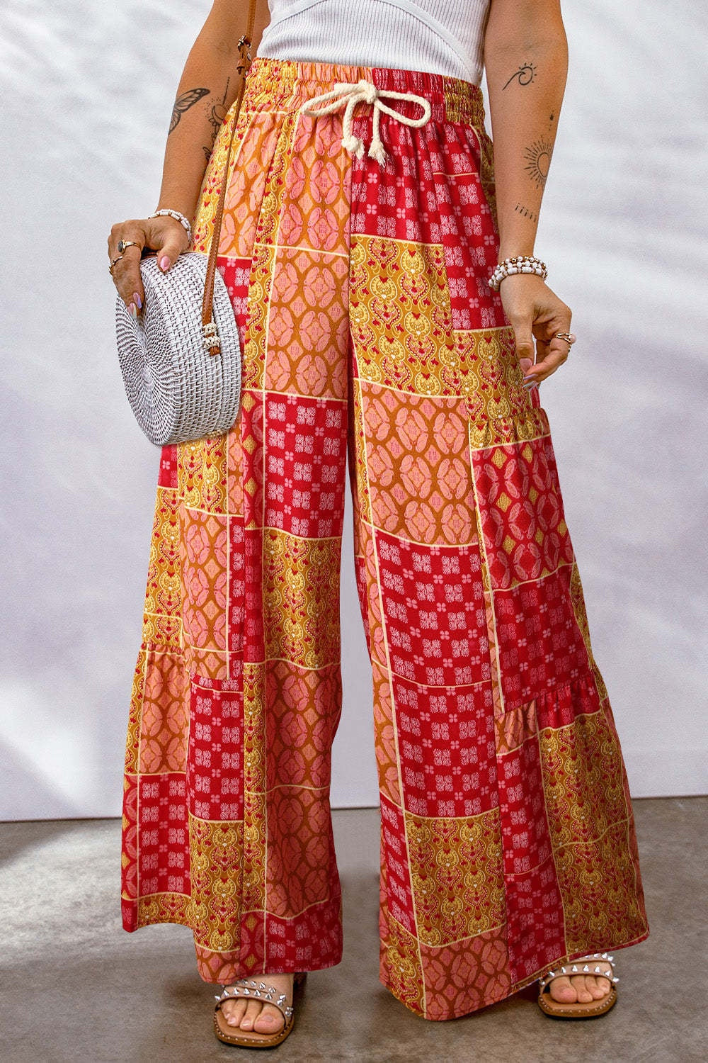 Full Size Drawstring Printed Wide Leg Pants