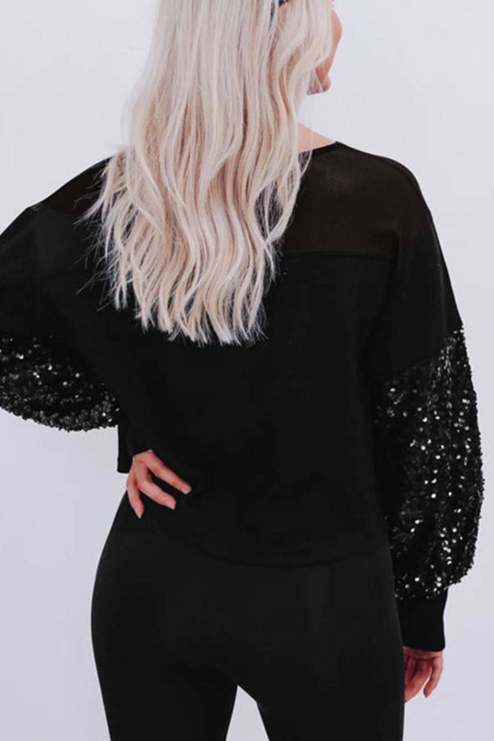 Sequin Boat Neck Long Sleeve Blouse