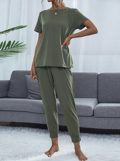 Shiny Round Neck Short Sleeve Top and Pants Set