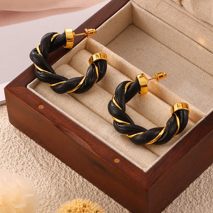 Twisted Leather Rope C-Hoop Earrings