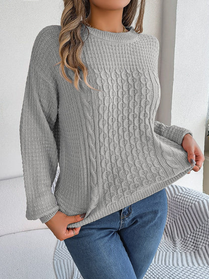 Cable-Knit Round Neck Long Sleeve Sweater