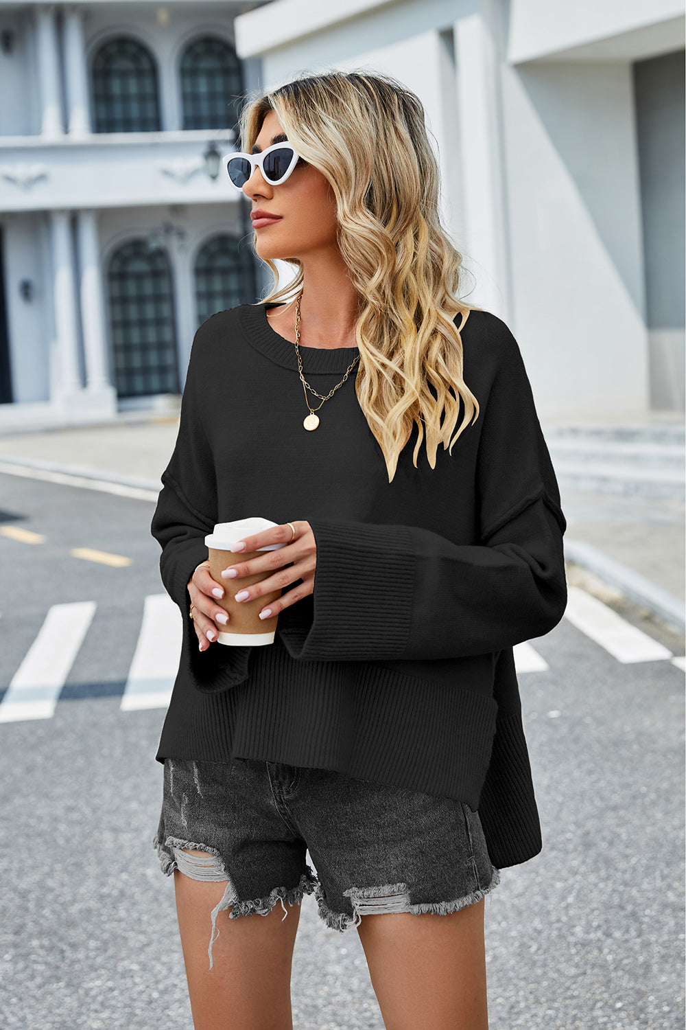 High-Low Slit Round Neck Long Sleeve Sweater