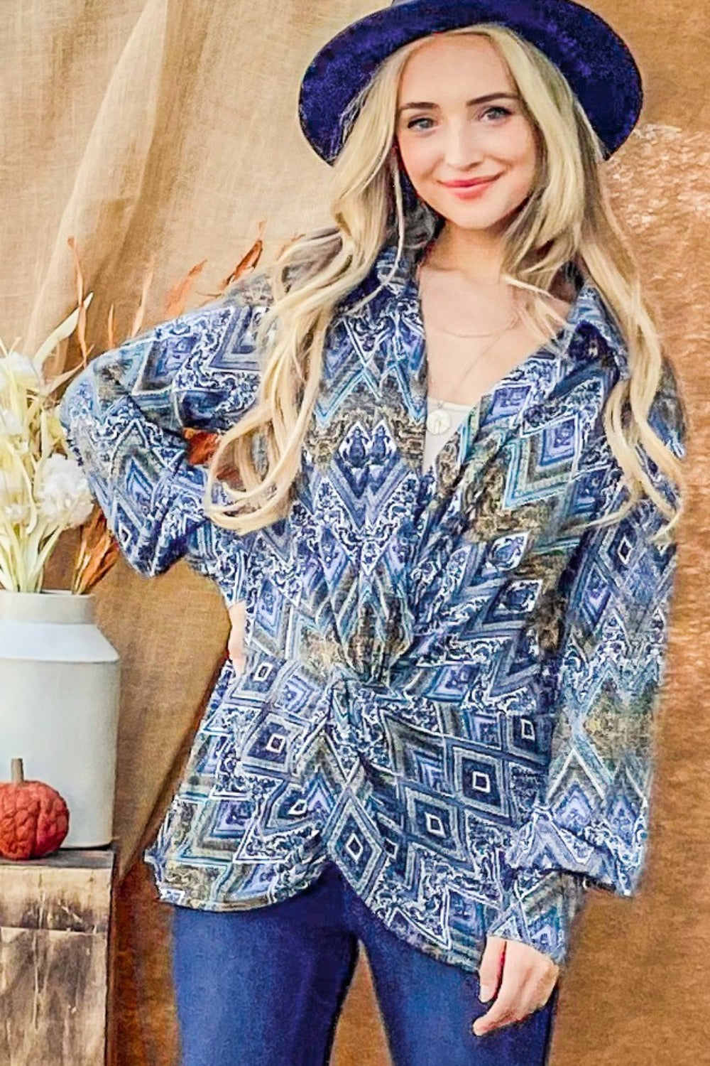 And The Why Print Twist Knot Long Sleeve Blouse