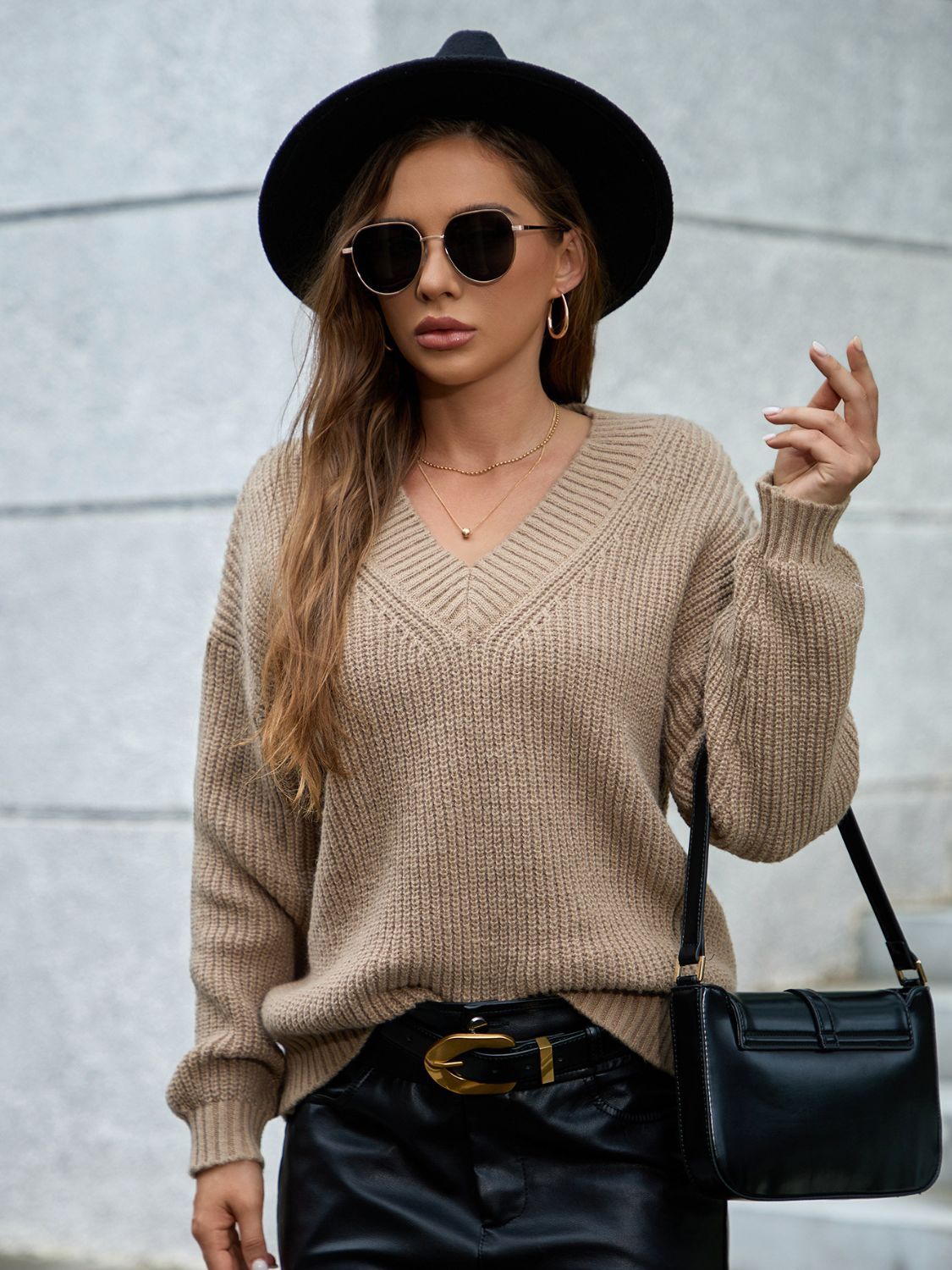 V-Neck Dropped Shoulder Long Sleeve Sweater