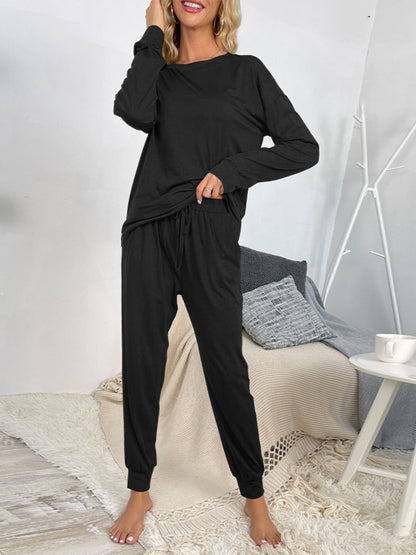 Shiny Round Neck Top and Drawstring Pants Lounge Set