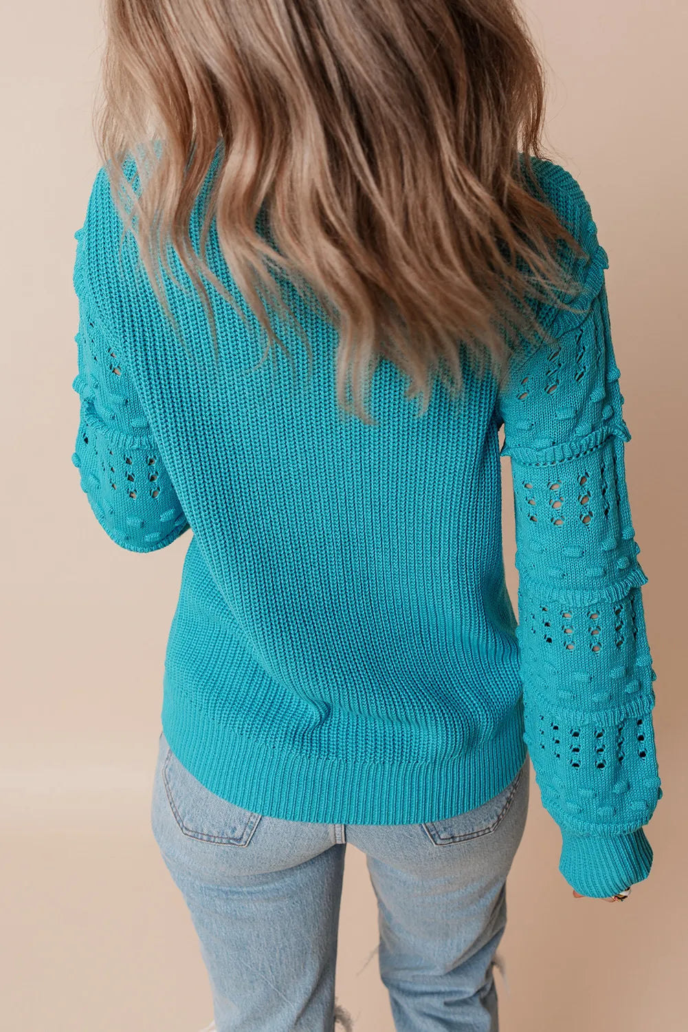 Openwork Frill Round Neck Long Sleeve Sweater