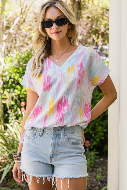 High-Low V-Neck Short Sleeve Blouse