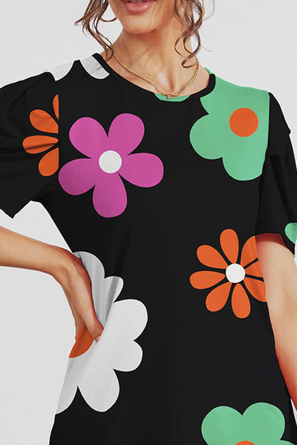 FAM-FAM Flower Round Neck Short Sleeve Blouse