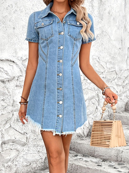 Raw Hem Button Up Short Sleeve Denim Dress