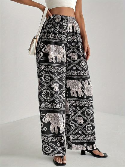 Printed Wide Leg Elastic Waist Pants