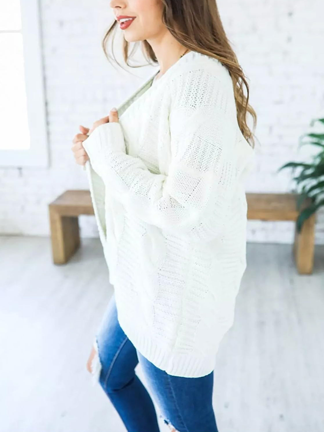 Cable-Knit Open Front Long Sleeve Cardigan