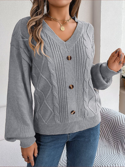 Cable-Knit Buttoned V-Neck Sweater