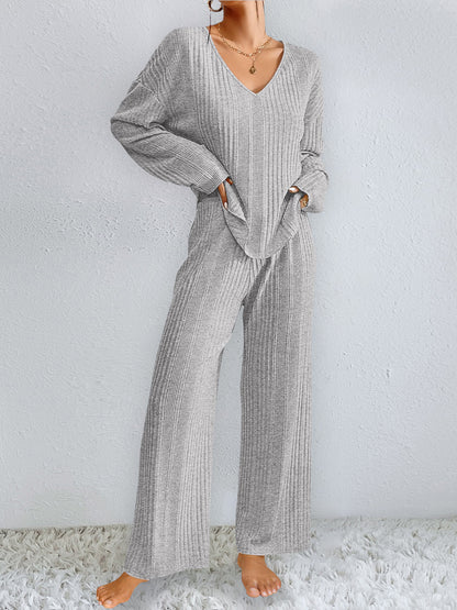 V-Neck Long Sleeve Top and Pants Set