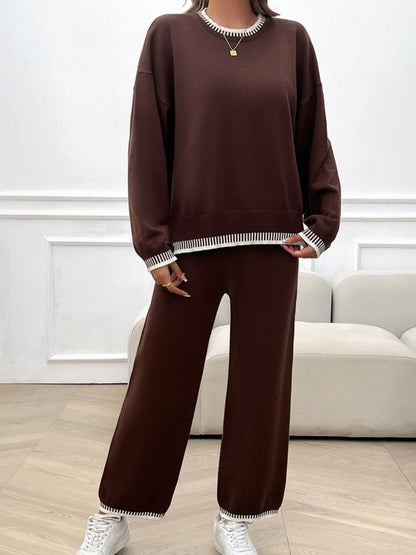 Devine Round Neck Dropped Shoulder Top and Pants Sweater Set