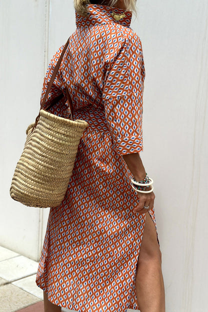 Tied Button Up Three-Quarter Sleeve Dress