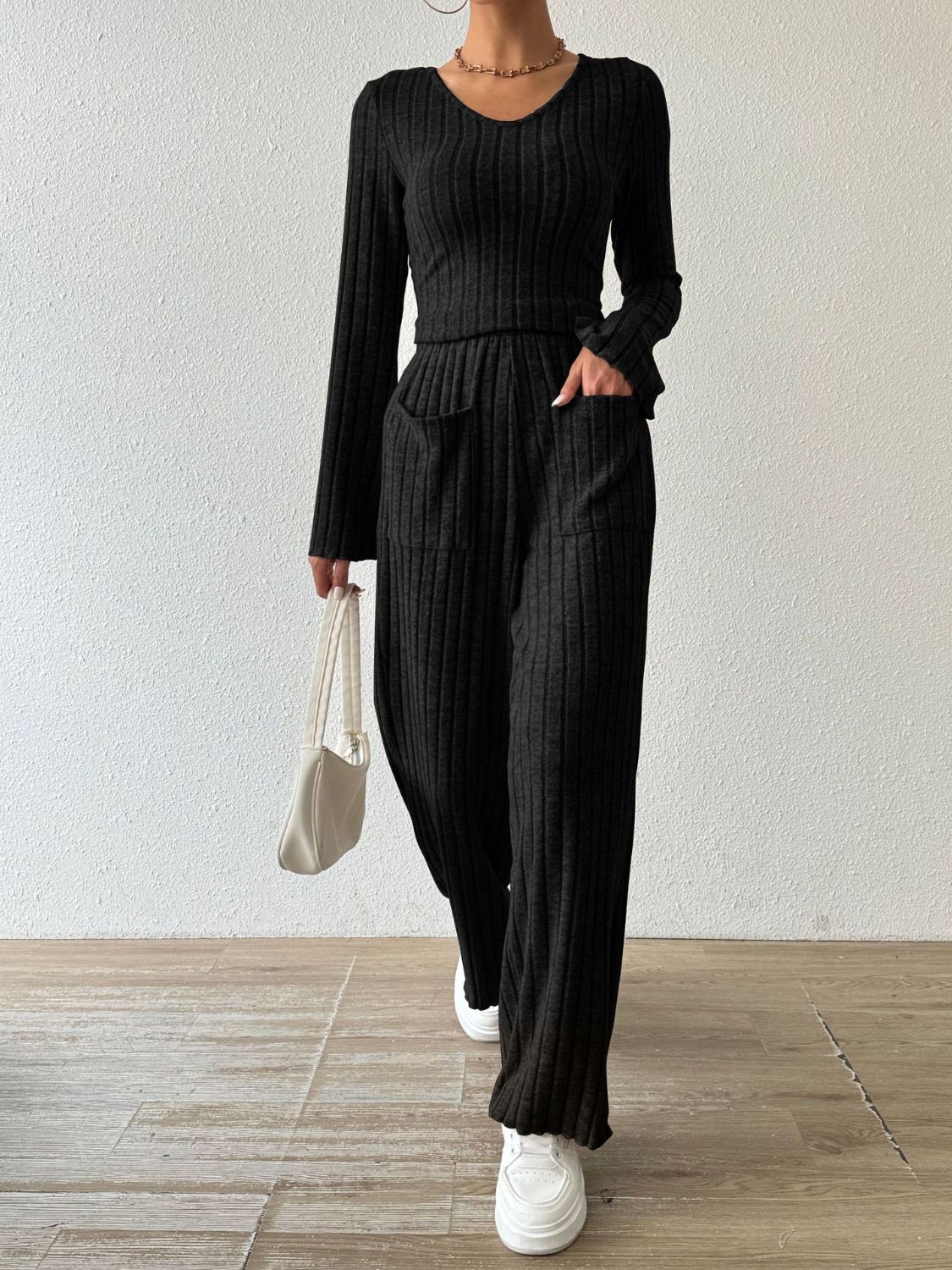 Ribbed V-Neck Long Sleeve Top and Pocketed Pants Set