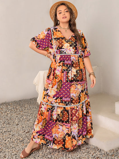 Plus Size Printed V-Neck Half Sleeve Maxi Dress