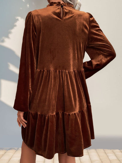 Perfee Tiered Ruched Mock Neck Long Sleeve Dress