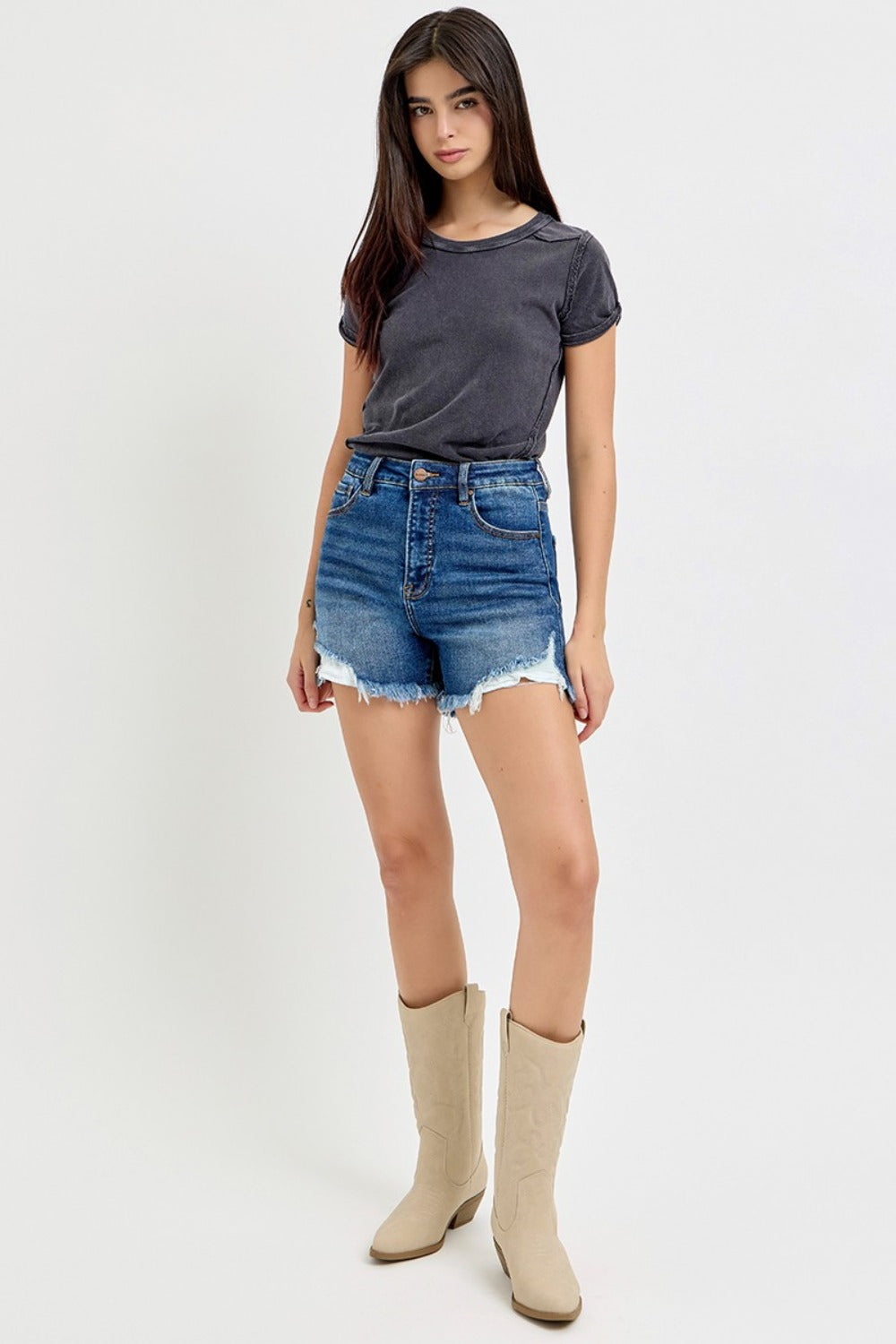 RISEN High Rise Side Step Hem Denim Shorts